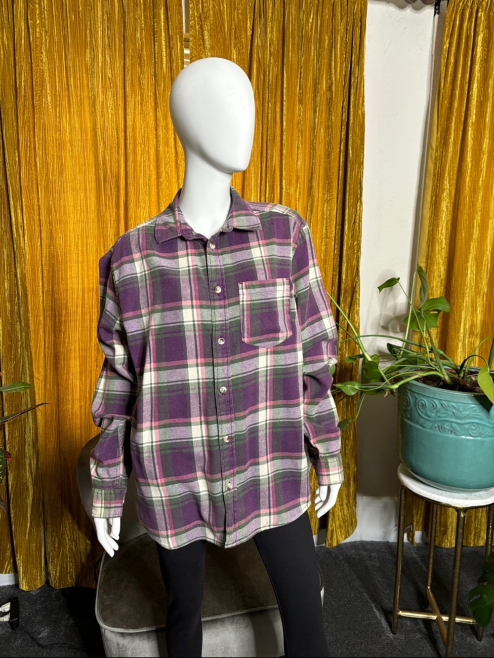 BDG Purple and Green Plaid Button-Up Shirtless “oversized “
